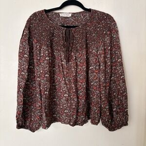 Lucky Brand Boho Peasant Top Smocked Floral Paisley Tassel Blouse Women's L